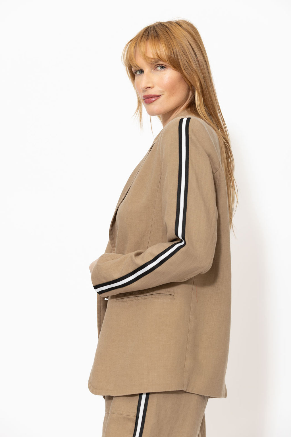 Caramel Linen Stripe Boyfriend Blazer