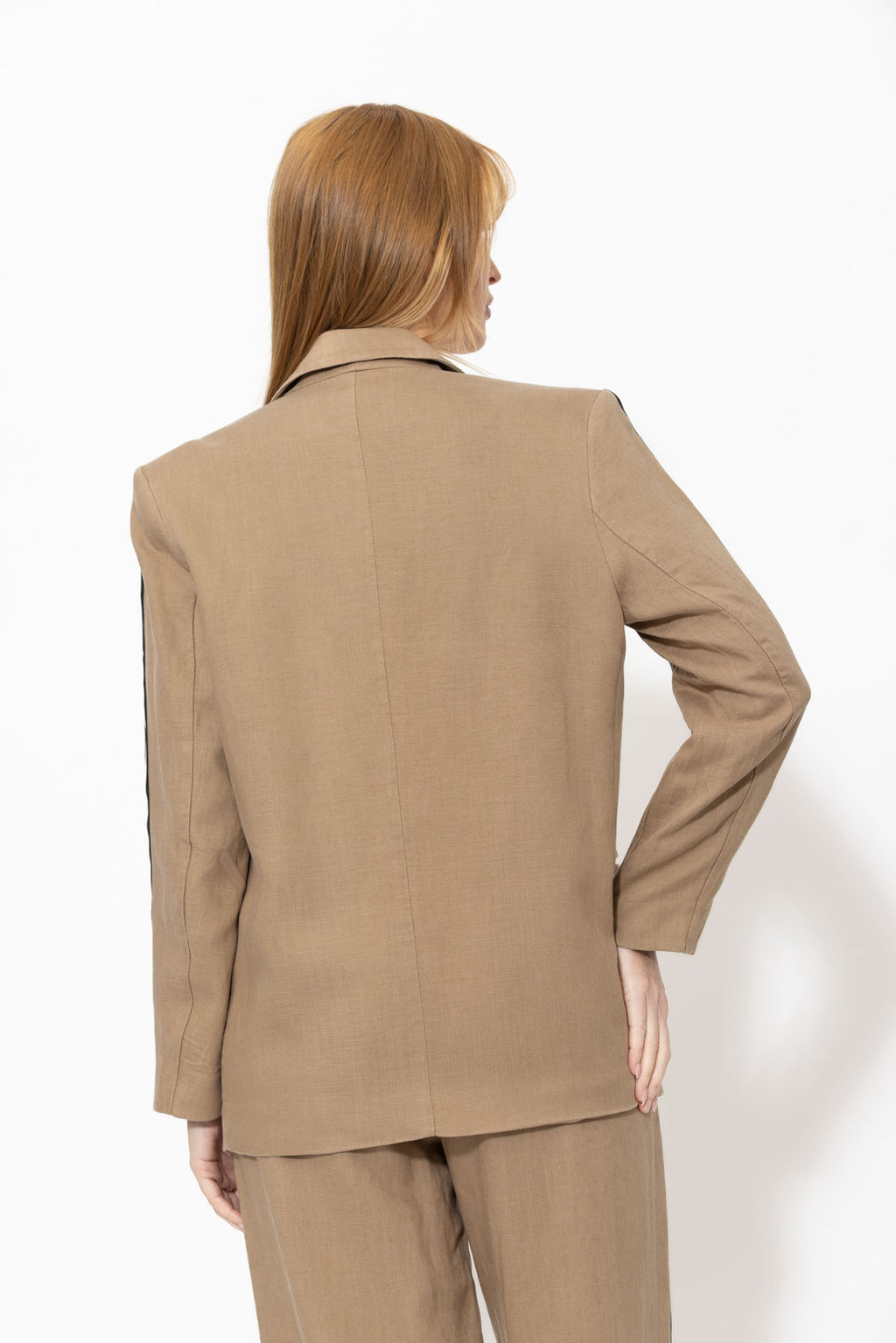 Caramel Linen Stripe Boyfriend Blazer