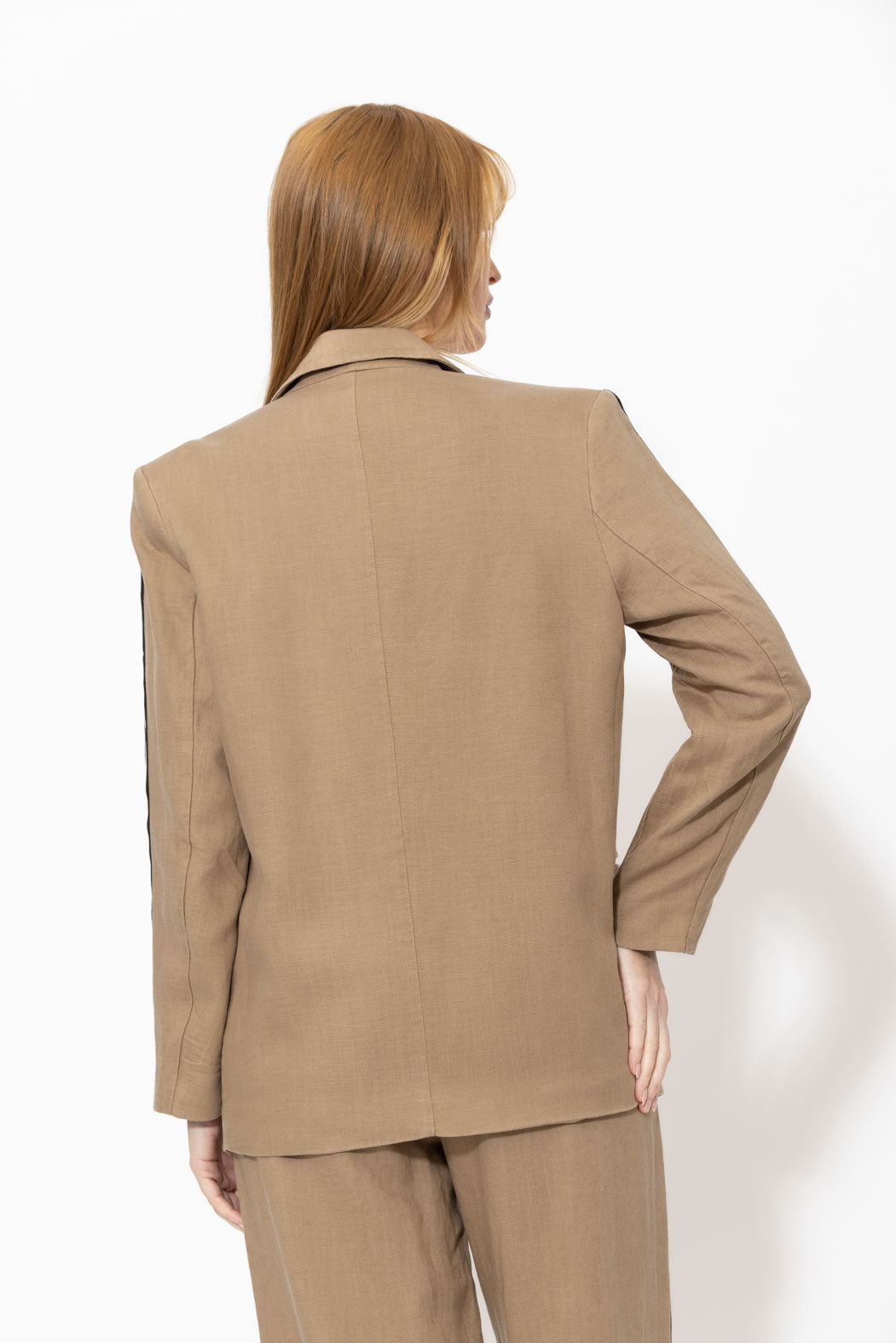 Caramel Linen Stripe Boyfriend Blazer
