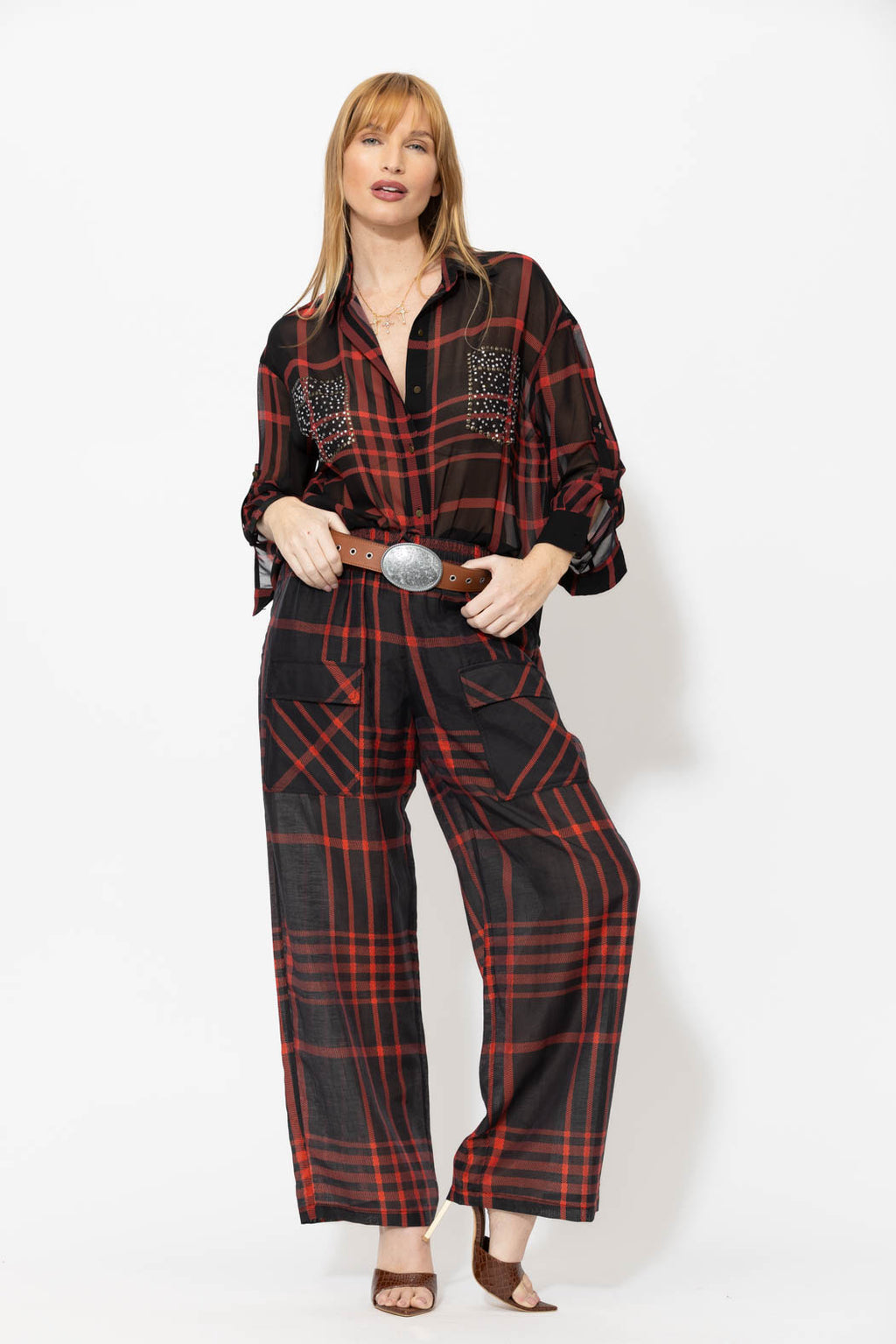 Red/Black Tencel Linen Cargo Pant