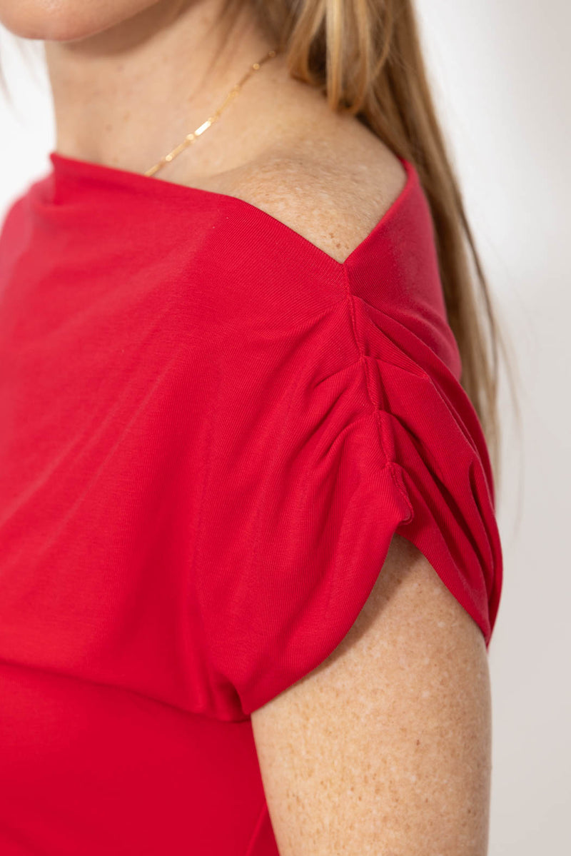 Crimson Tencel Off Shoulder Top