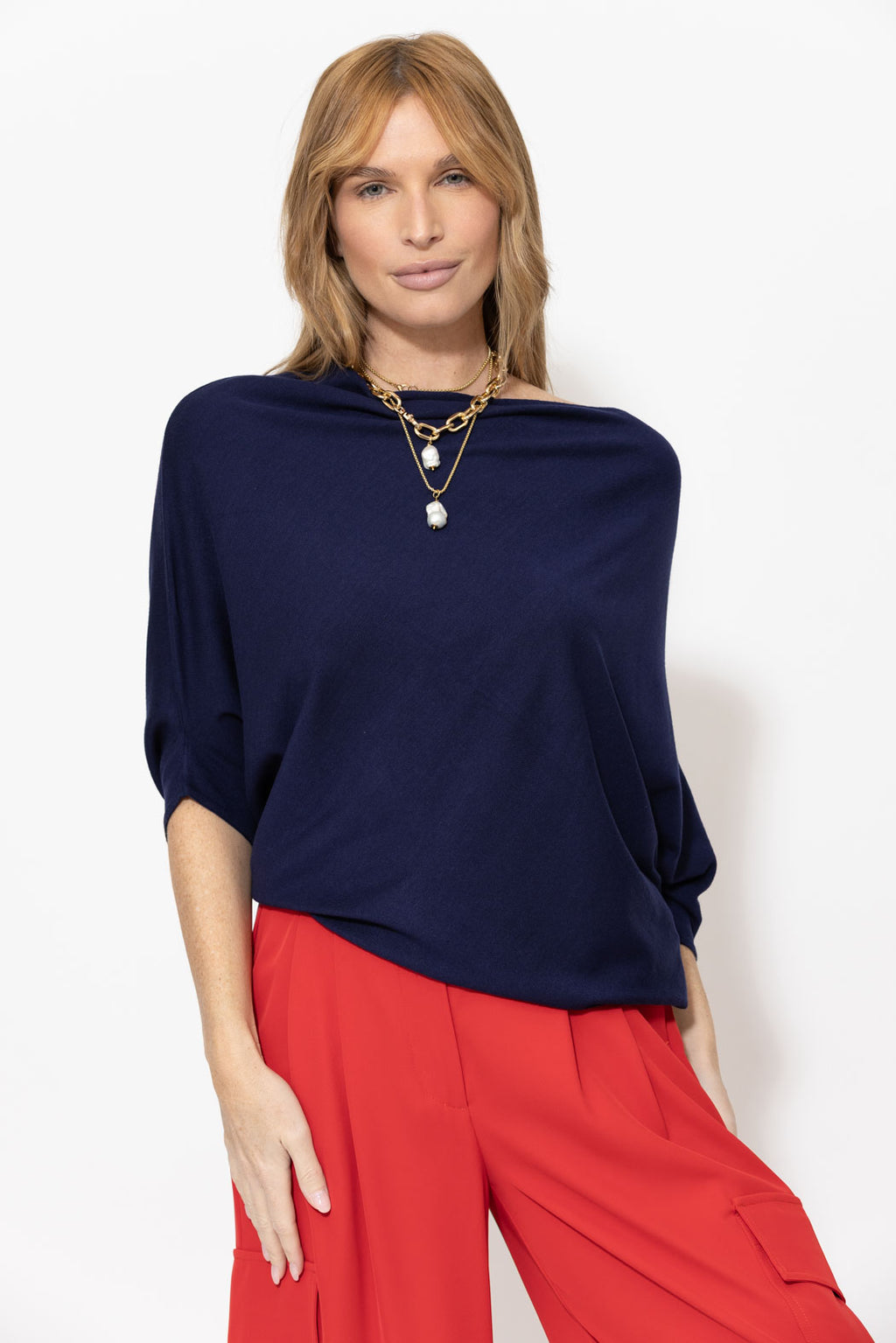 Navy Knit Drape Top