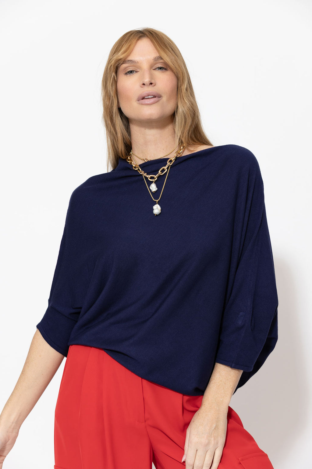 Navy Knit Drape Top
