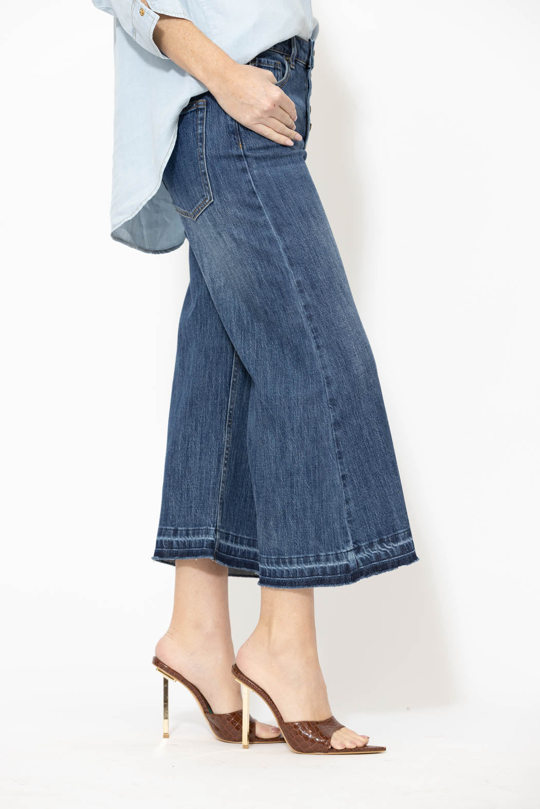 Mid Denim Button Front Crop Jean