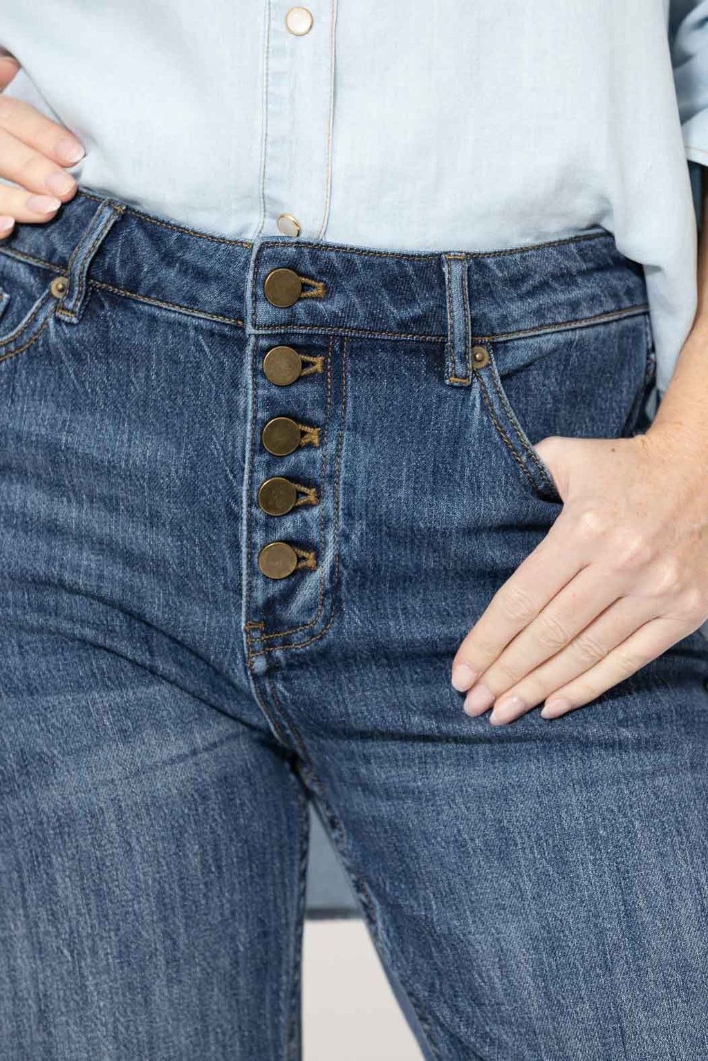 Mid Denim Button Front Crop Jean