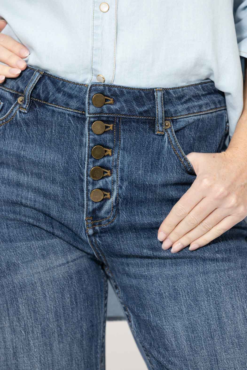Mid Denim Button Front Crop Jean