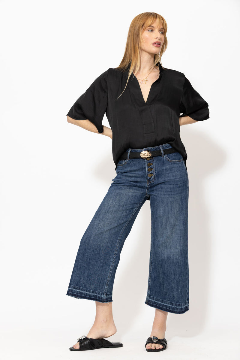 Mid Denim Button Front Crop Jean