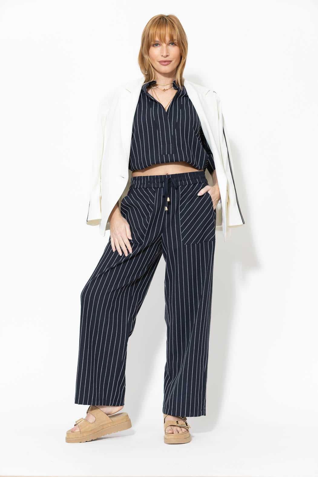 Navy Linen Drawstring Pant