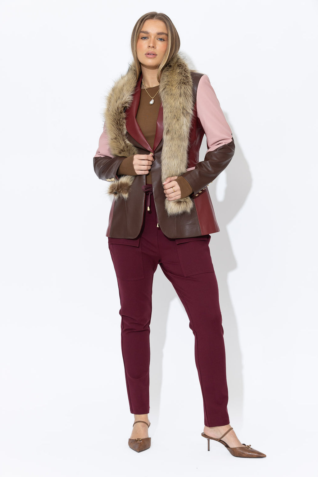 Choc/Pink Faux Leather Mia Blazer