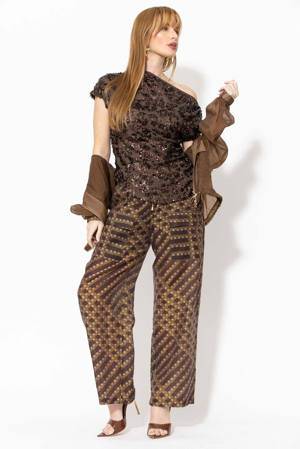 Chocolate Sequined Off Shoulder Top