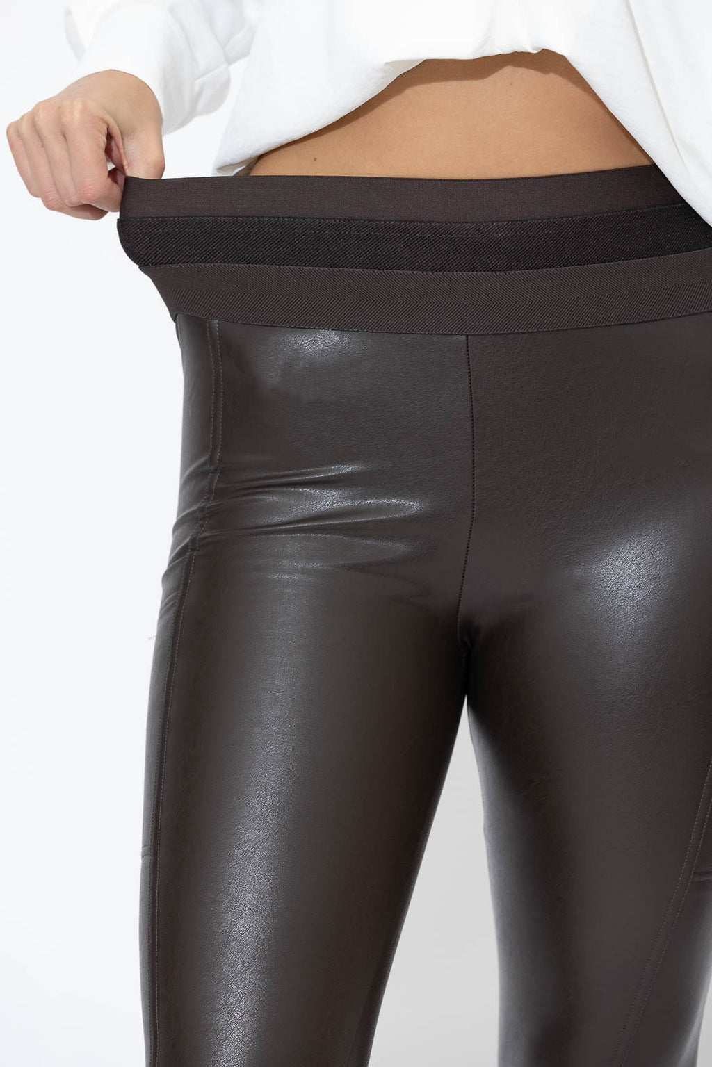 Chocolate Faux Leather Waist Shaper Pocket Pant