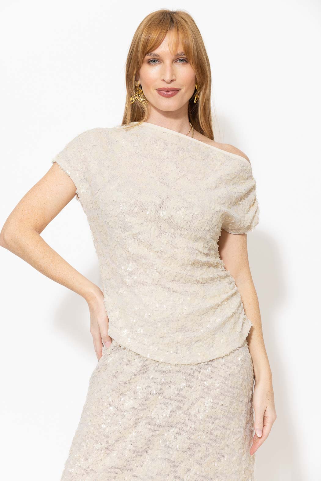Ivory Sequined Off Shoulder Top