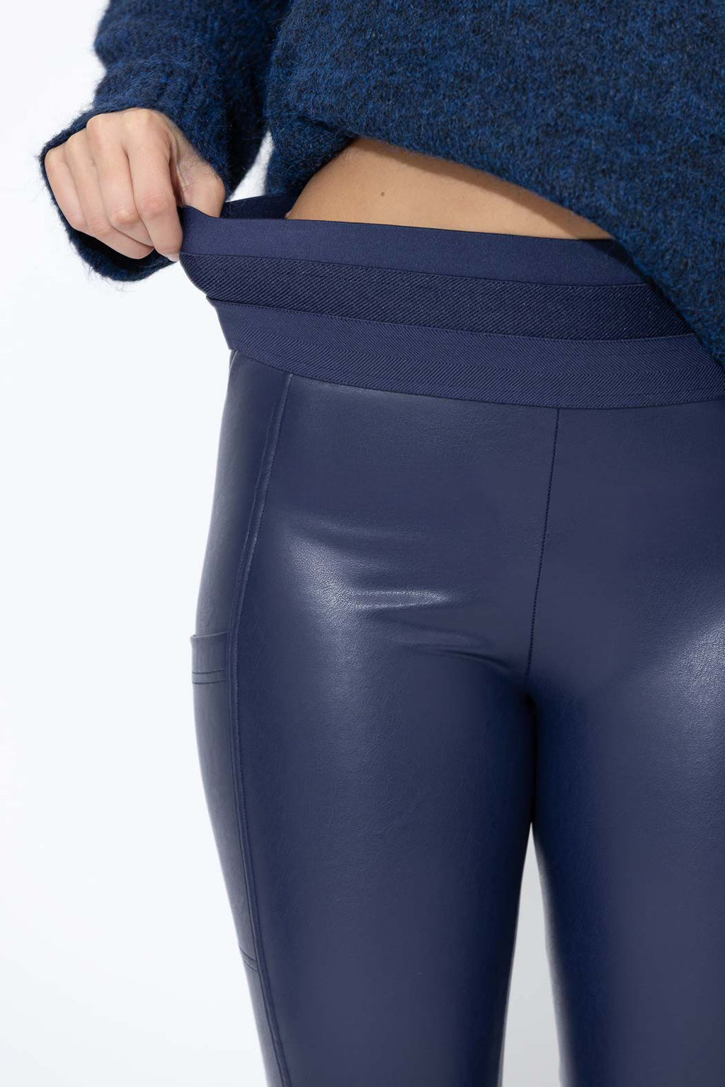 Navy Faux Leather Waist Shaper Pocket Pant