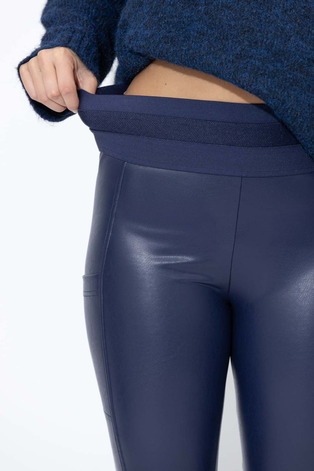 Navy Faux Leather Waist Shaper Pocket Pant