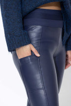 Navy Faux Leather Waist Shaper Pocket Pant