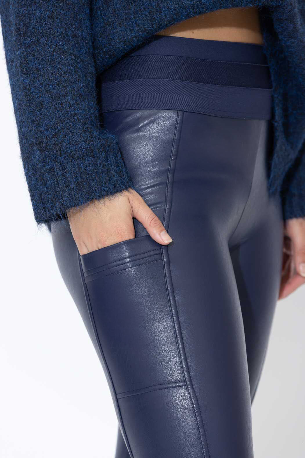 Navy Faux Leather Waist Shaper Pocket Pant