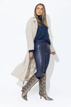 Navy Faux Leather Waist Shaper Pocket Pant