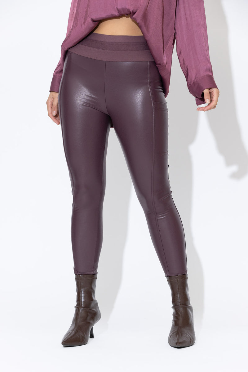 Plum Faux Leather Waist Shaper Pocket Pant