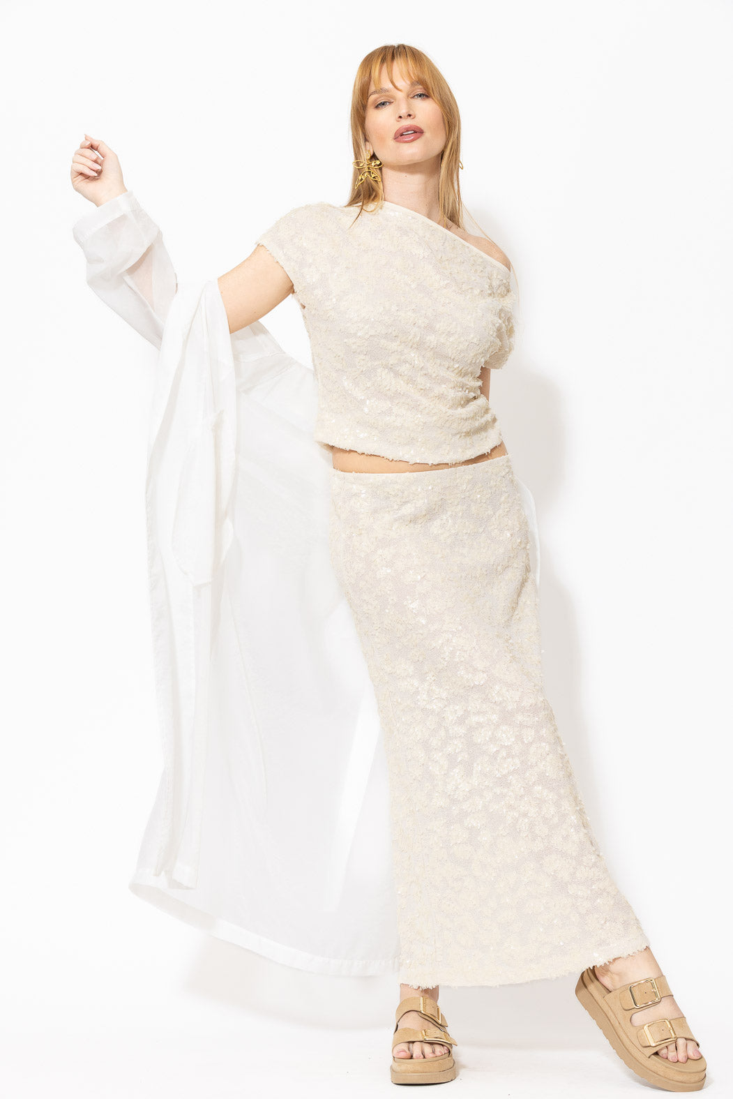Ivory Sequined Bias Skirt