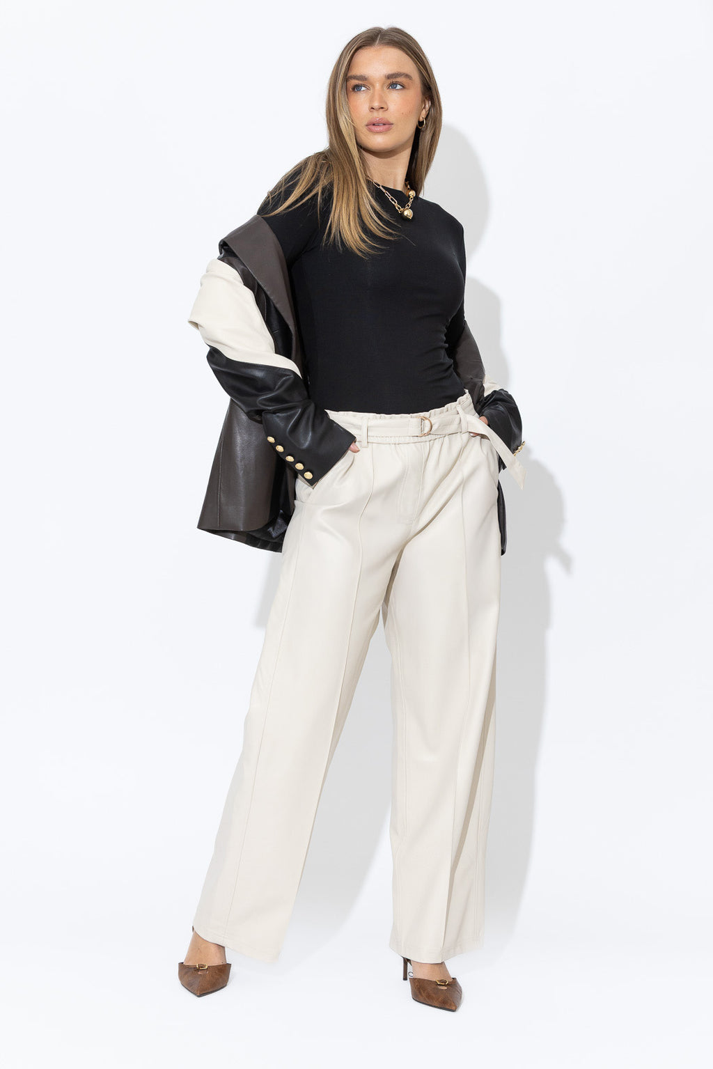Vanilla Faux Leather Pintuck Pant