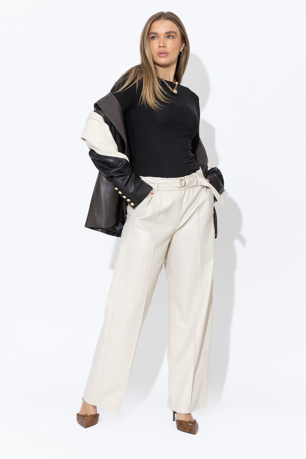 Vanilla Faux Leather Pintuck Pant