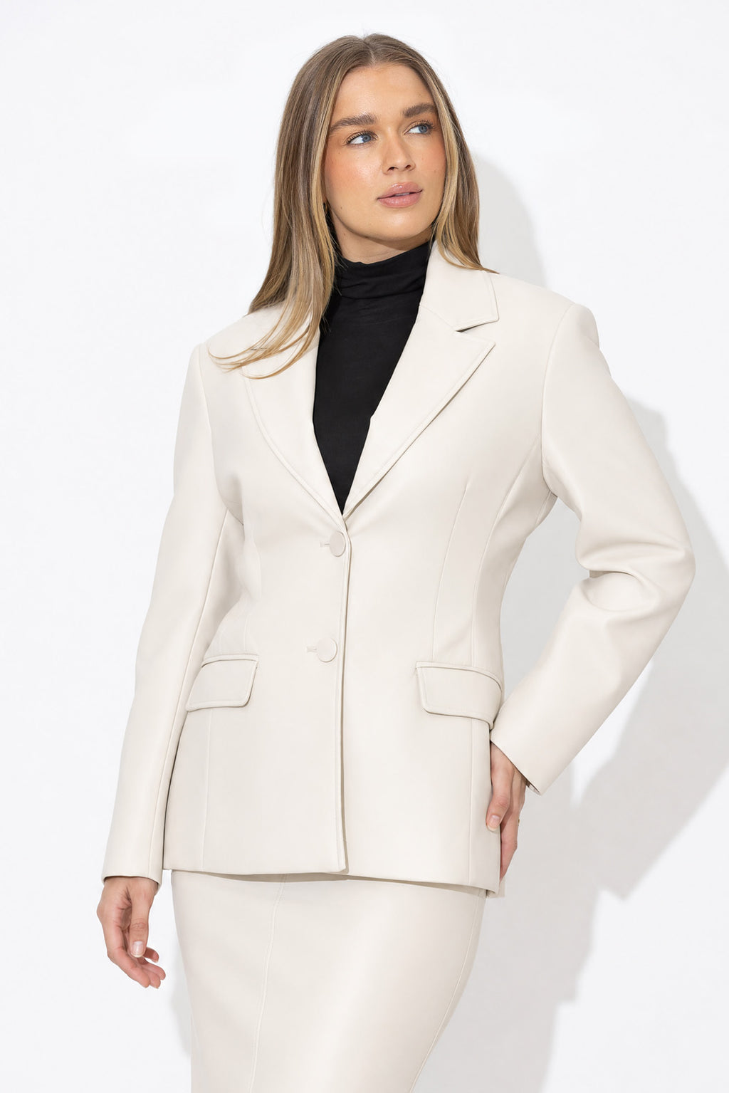 Vanilla Faux Leather Shaped Blazer