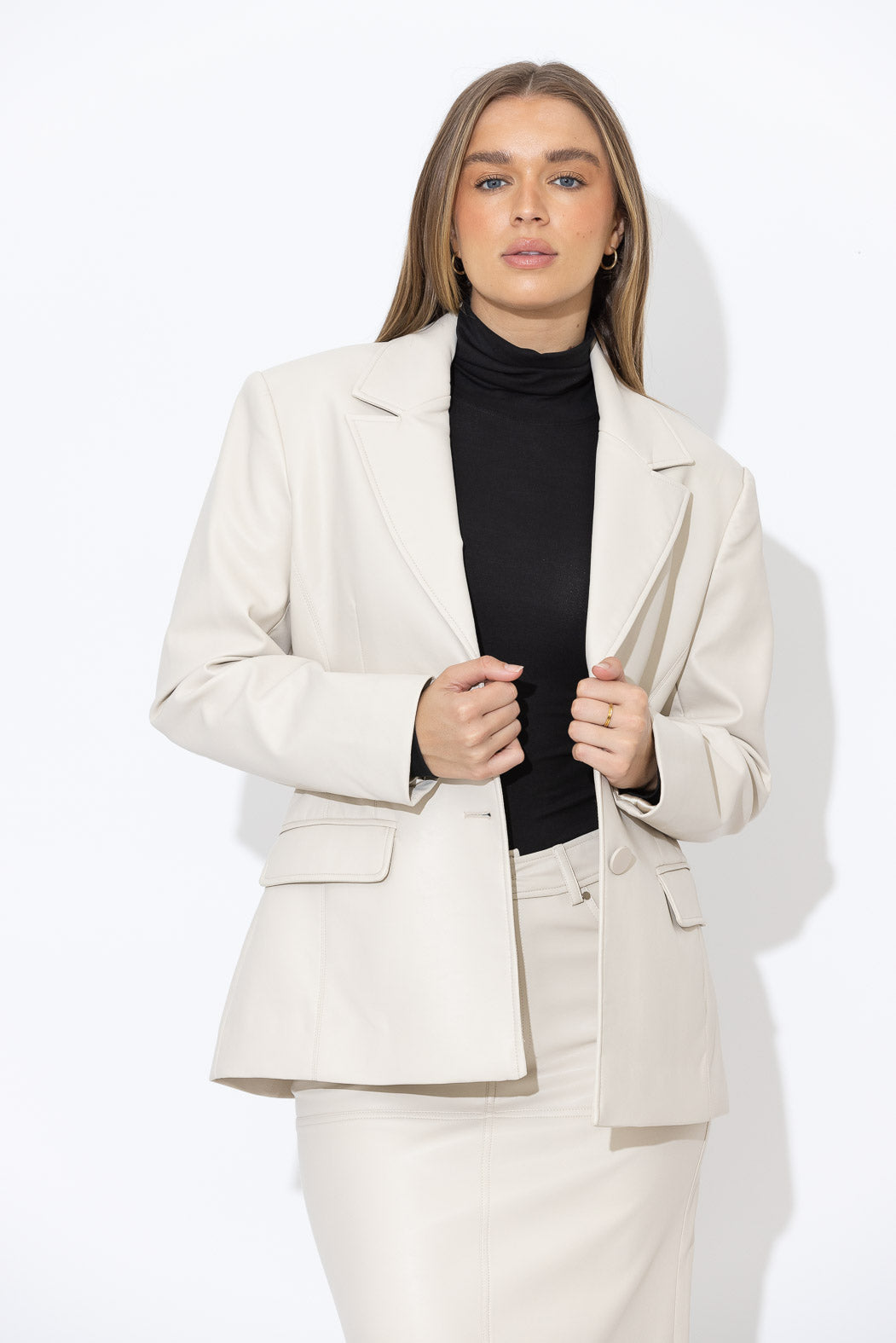 Vanilla Faux Leather Shaped Blazer