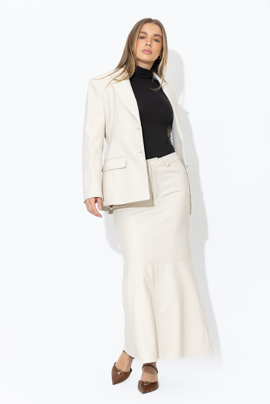 Vanilla Faux Leather Shaped Blazer