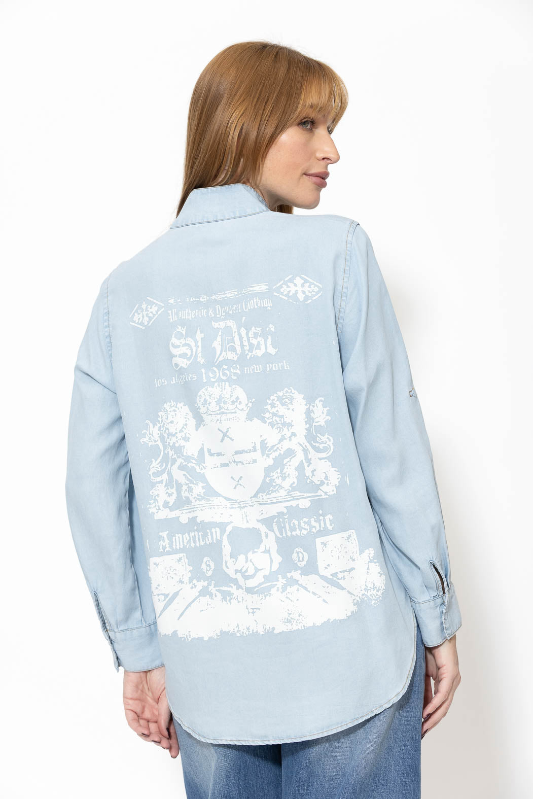 Light Denim Tencel Print Back Blogger Shirt