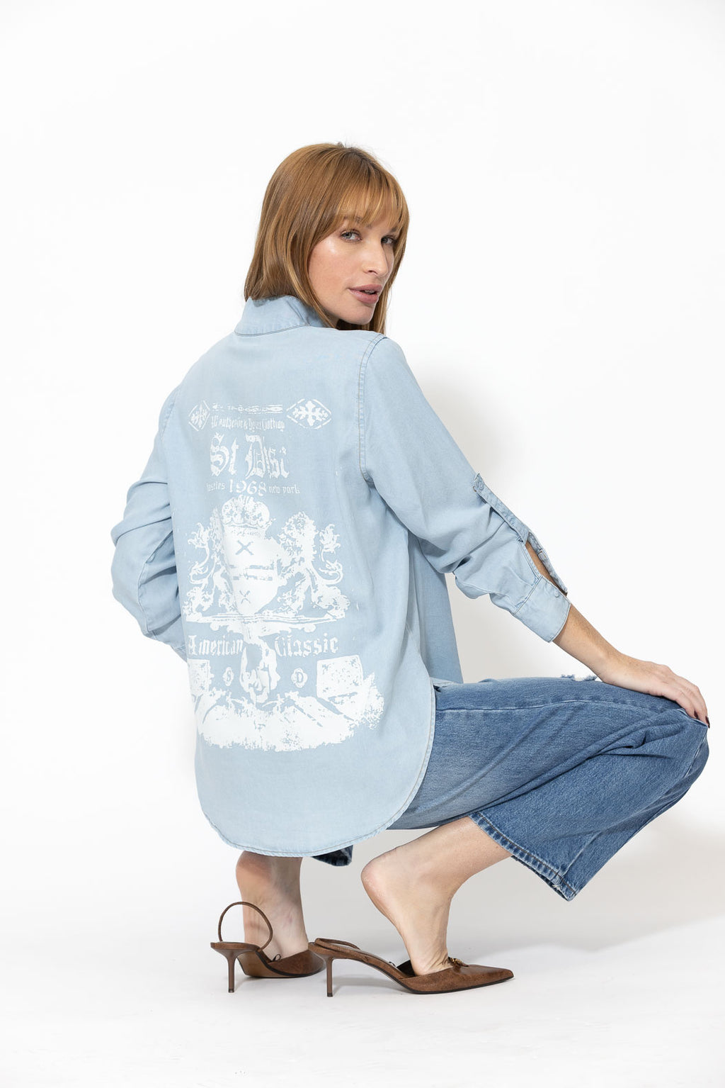 Light Denim Tencel Print Back Blogger Shirt