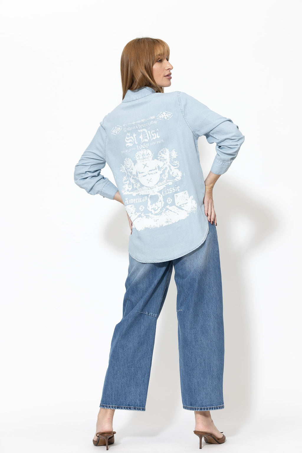 Light Denim Tencel Print Back Blogger Shirt