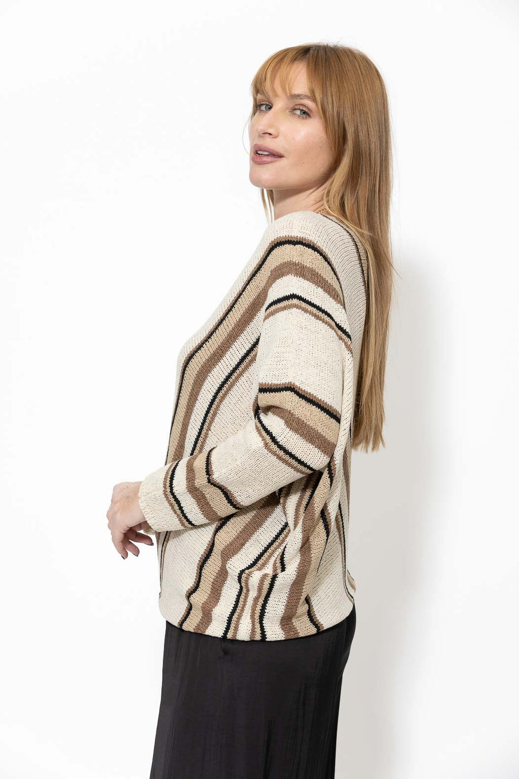 Brown Stripe Knit Drape Top