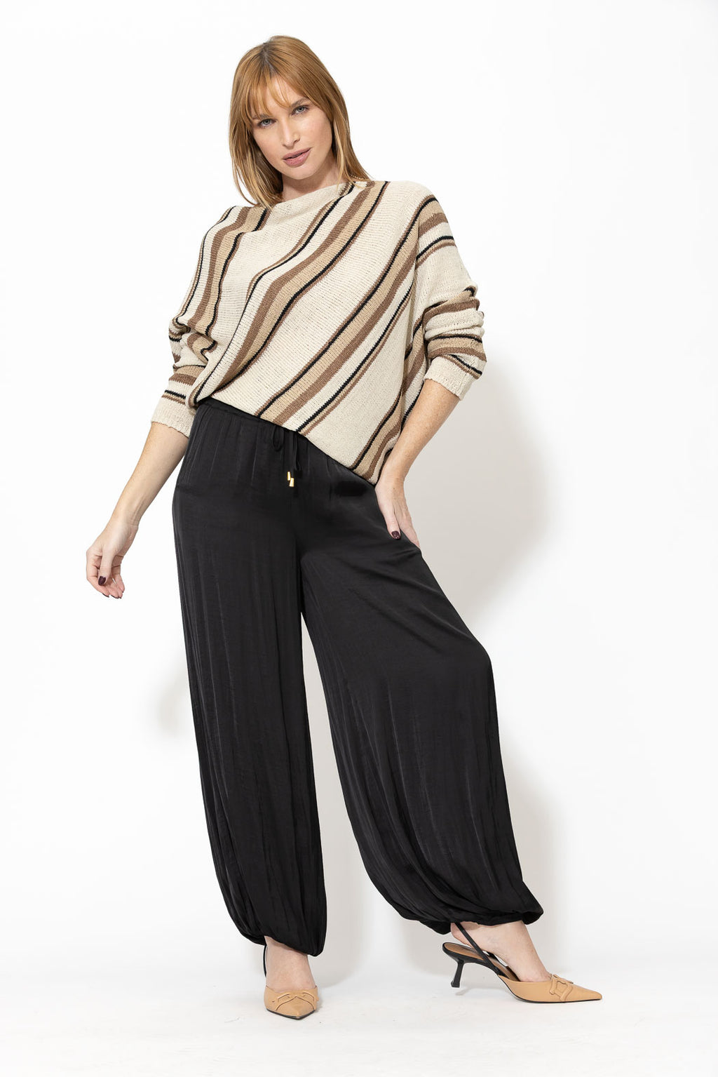 Brown Stripe Knit Drape Top