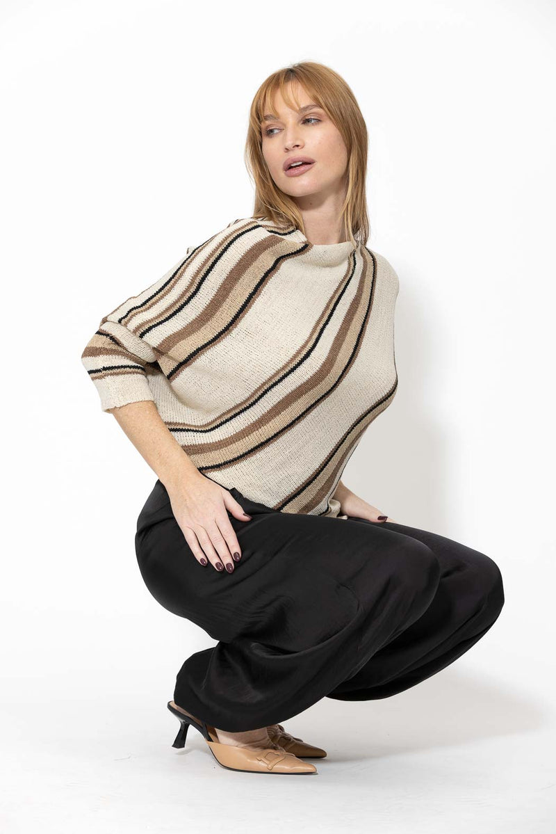 Brown Stripe Knit Drape Top