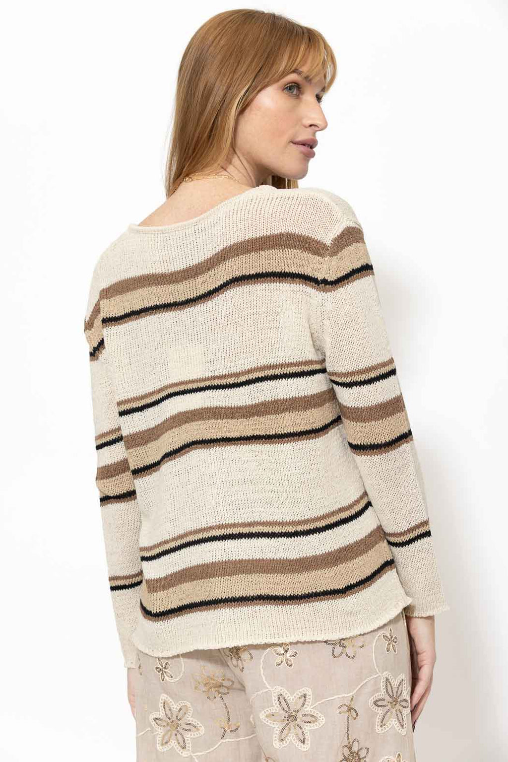 Brown Stripe Knit V Neck Top