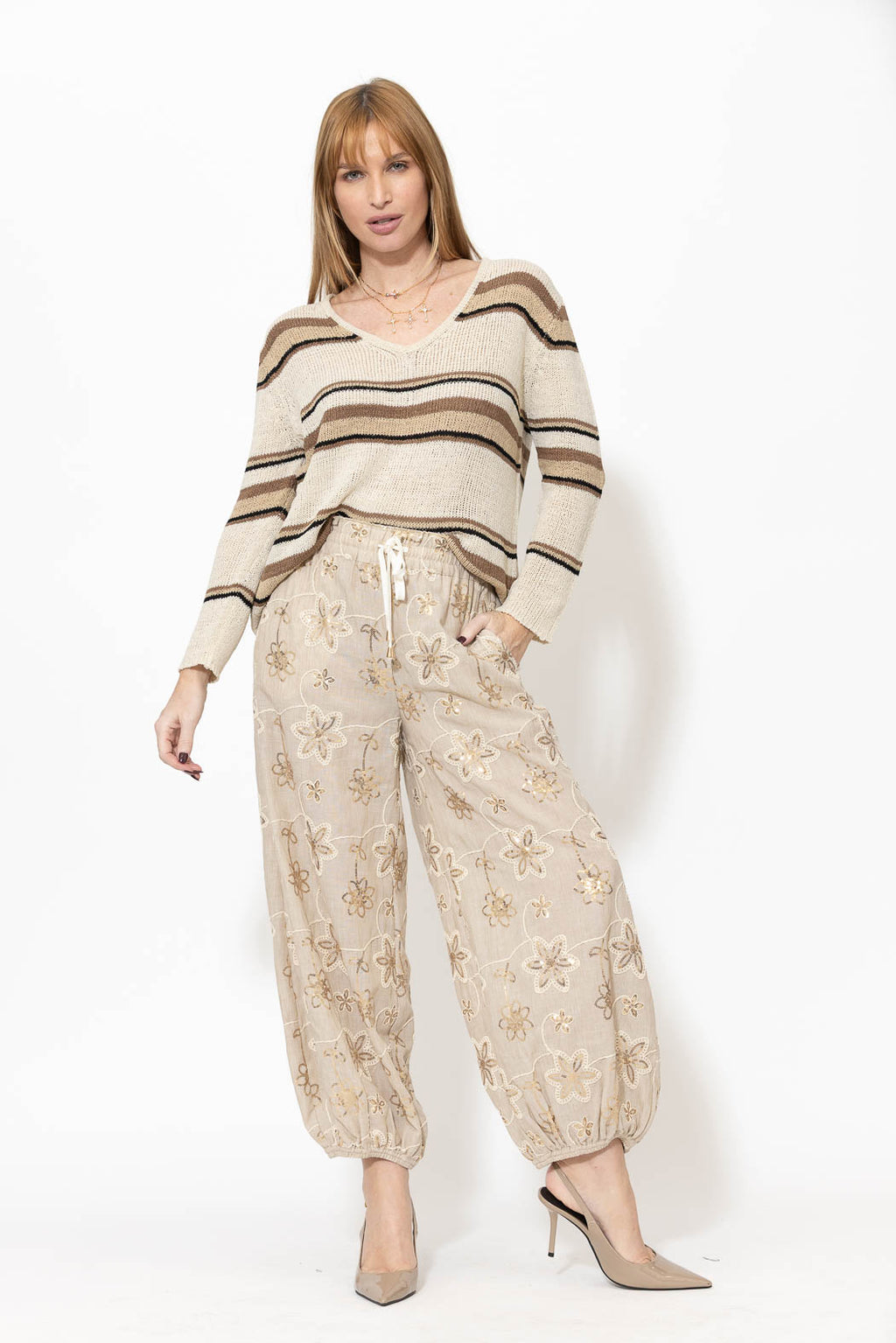 Brown Stripe Knit V Neck Top