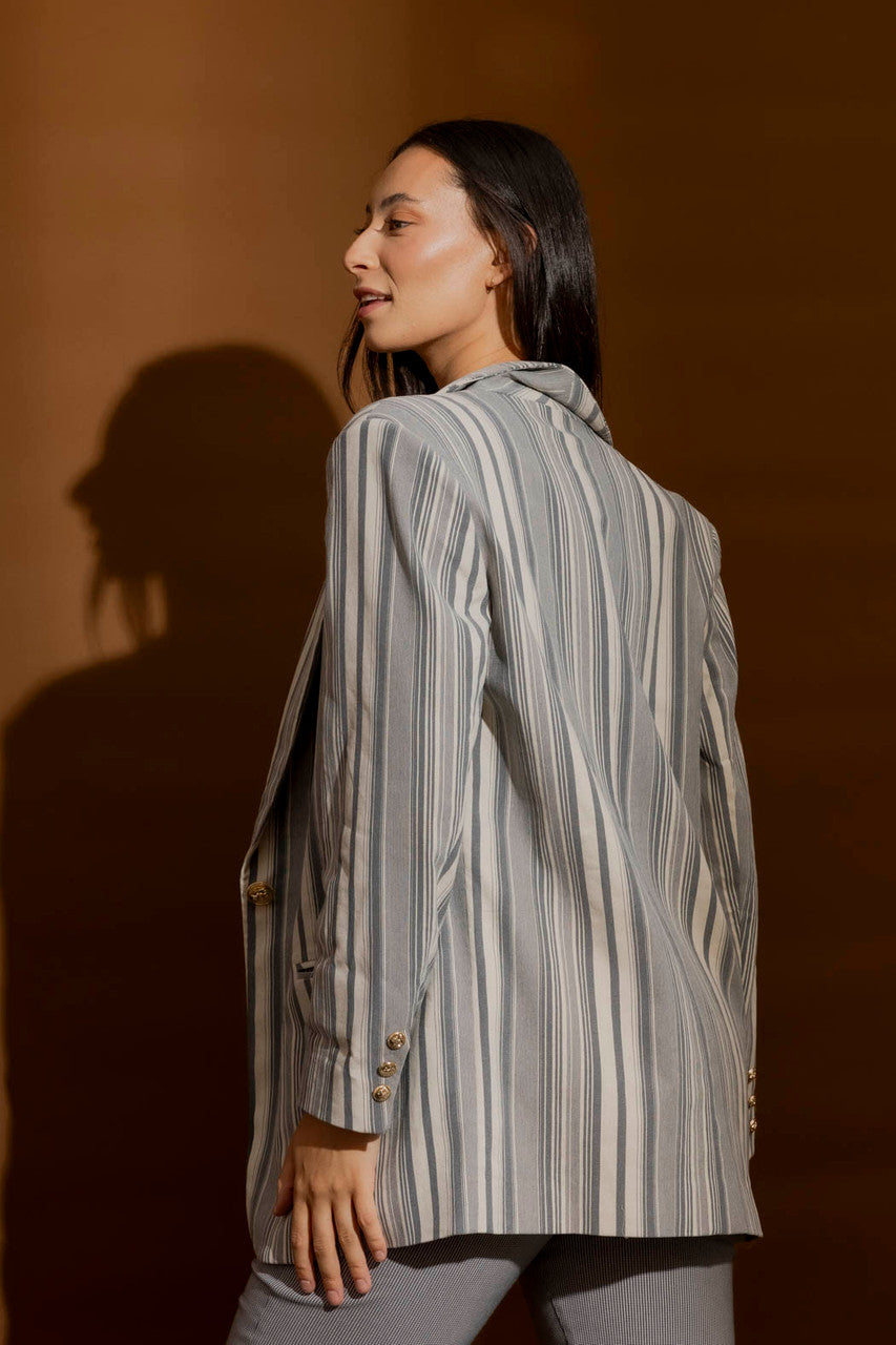 Washed Navy Striped Oversized Blazer