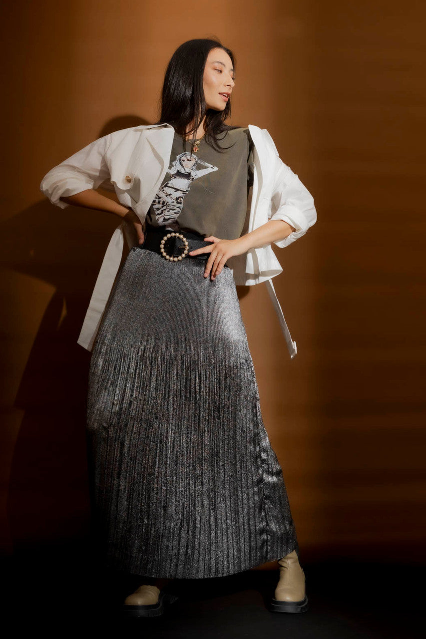 Pewter Metallic Pleat Skirt Pewter Sml