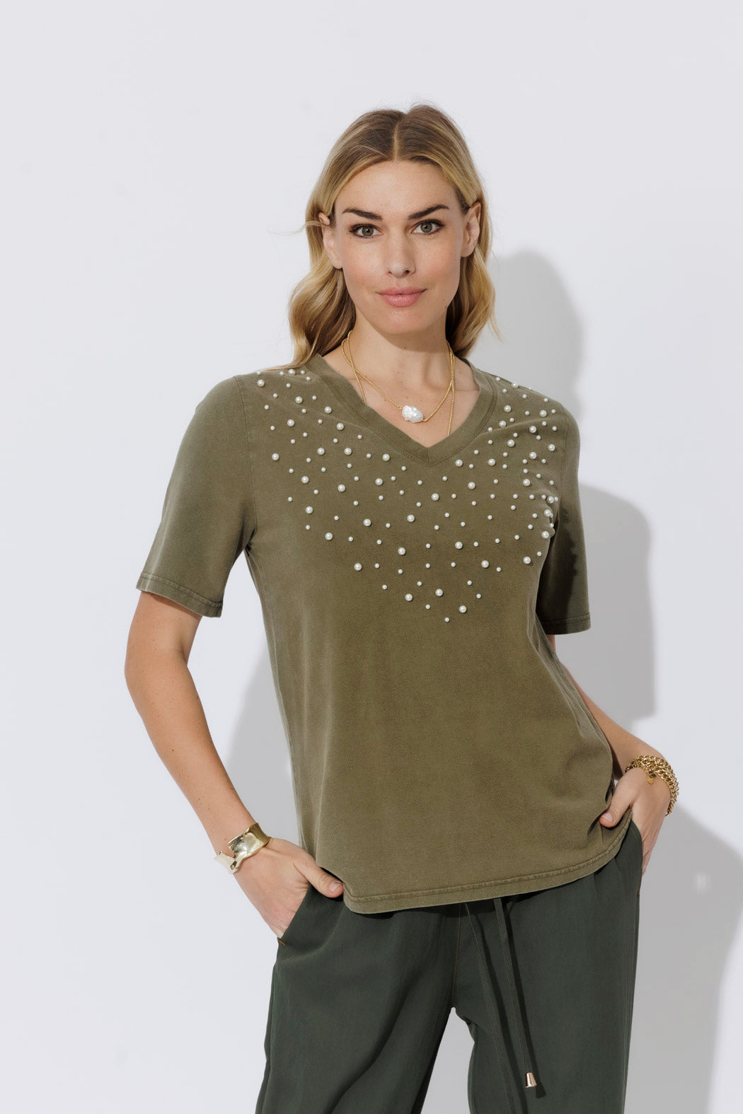 Khaki Washed Cotton Pearl T-Shirt