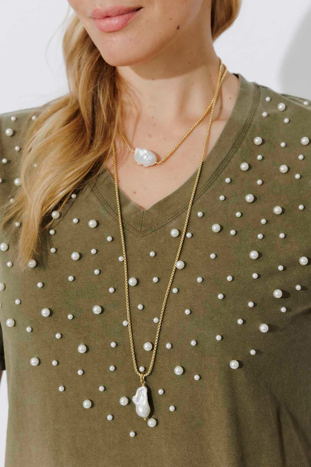 Khaki Washed Cotton Pearl T-Shirt