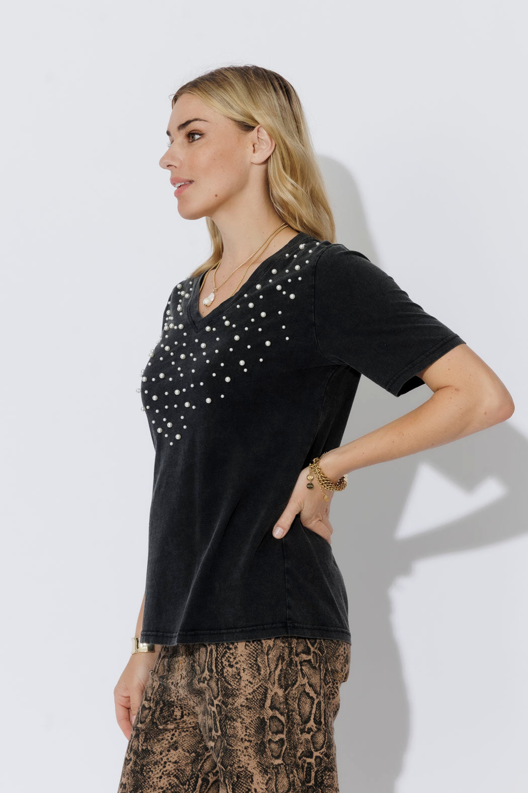 Charcoal Washed Cotton Pearl T-Shirt