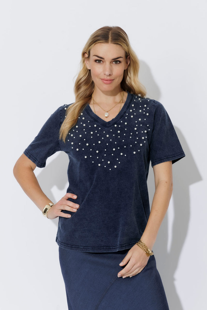 Navy Washed Cotton Pearl T-Shirt