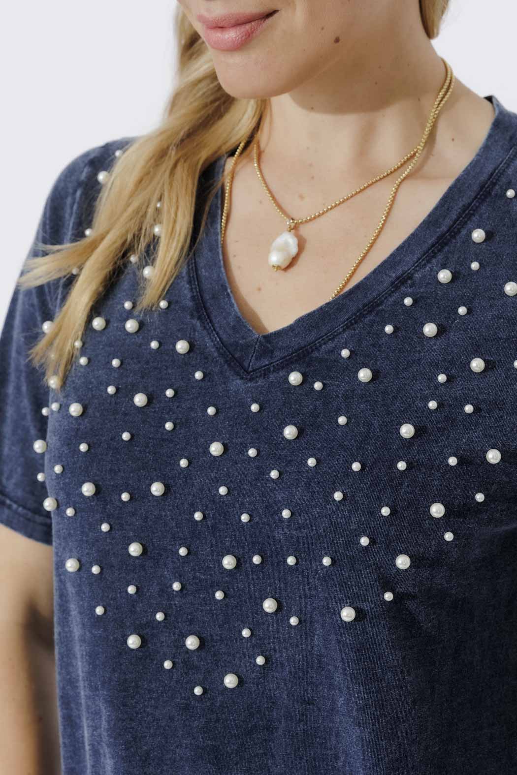 Navy Washed Cotton Pearl T-Shirt