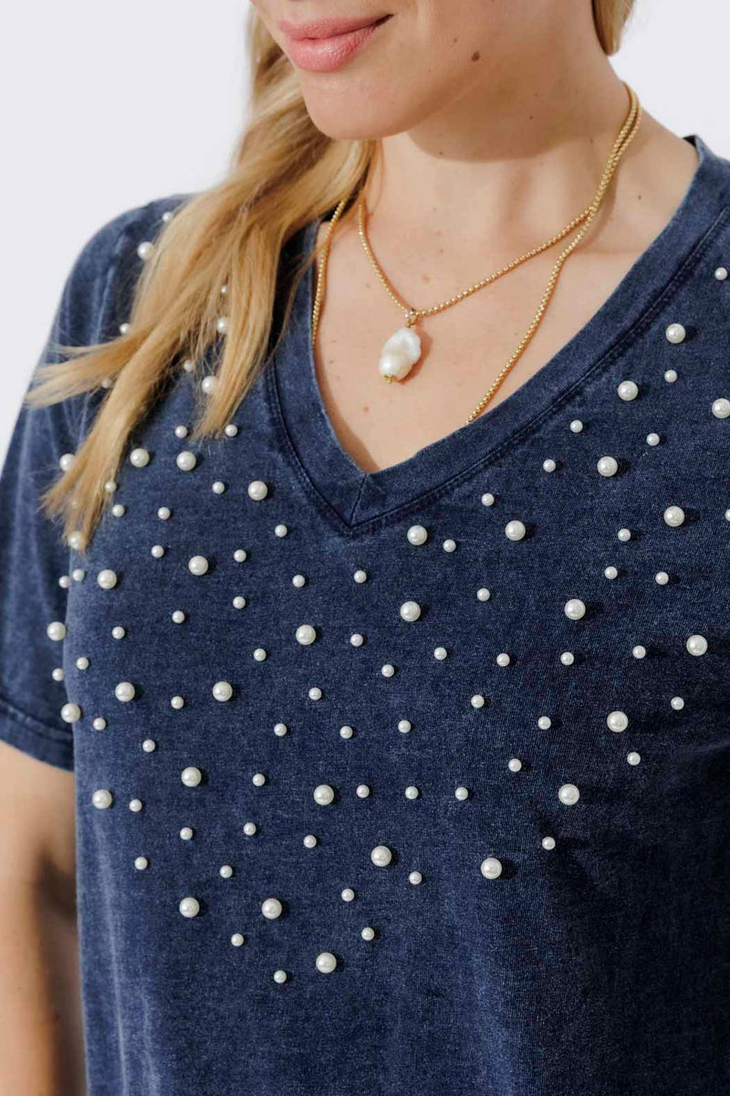 Navy Washed Cotton Pearl T-Shirt