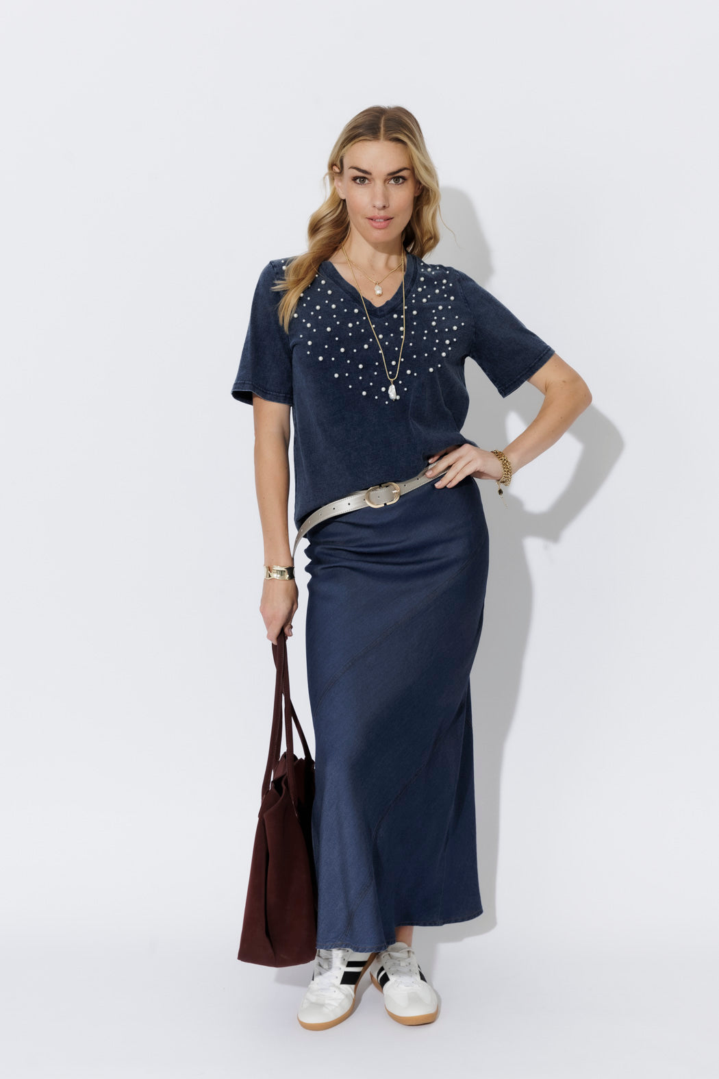 Navy Washed Cotton Pearl T-Shirt