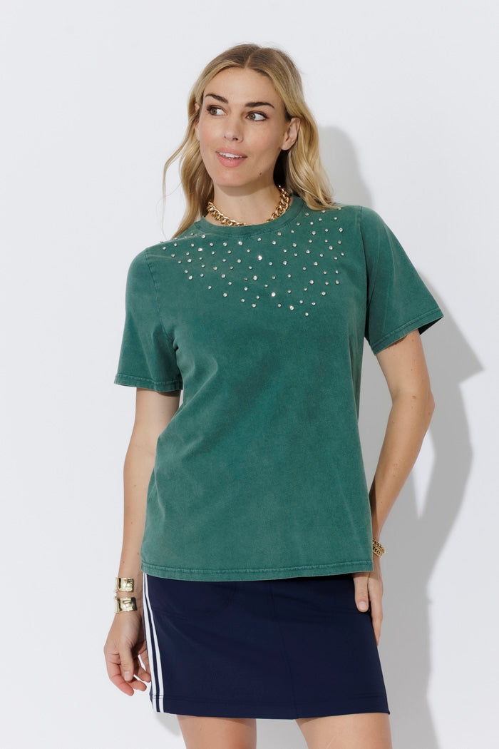 Green Washed Cotton Diamante T-Shirt