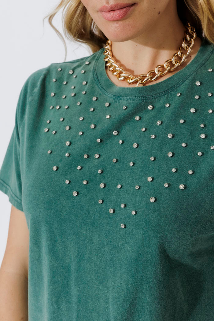 Green Washed Cotton Diamante T-Shirt