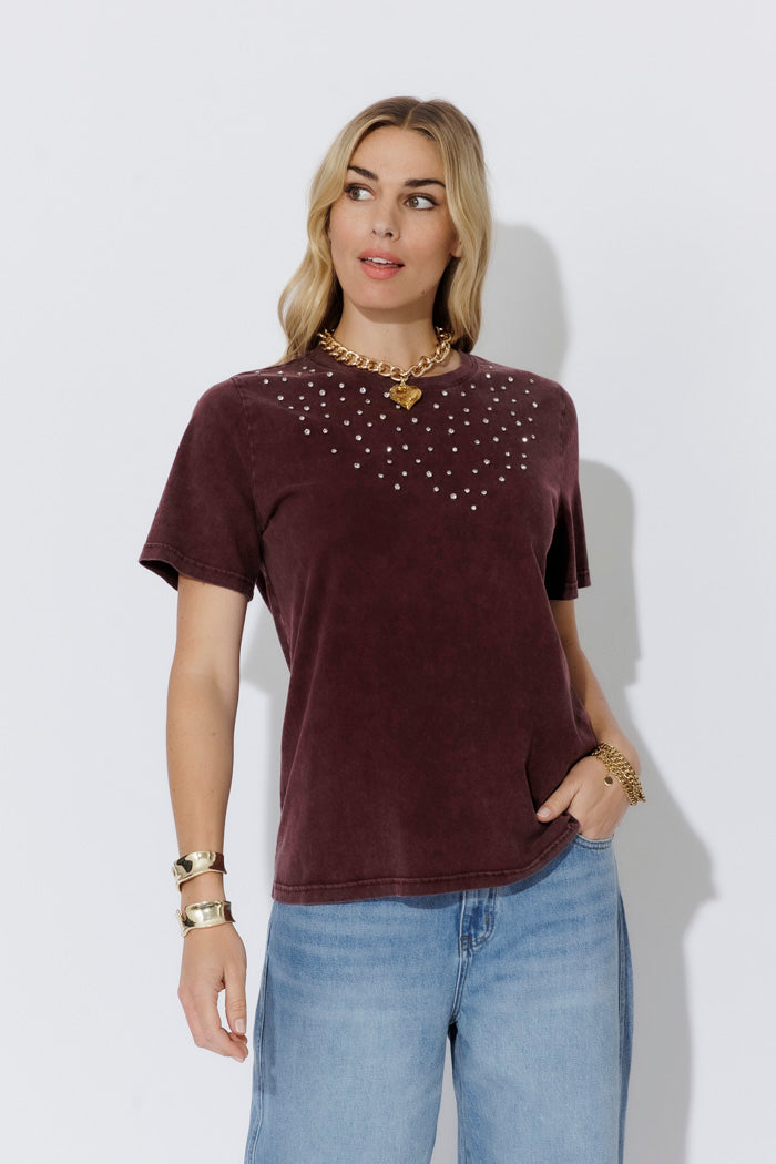 Burgundy Washed Cotton Embellished T-shirt