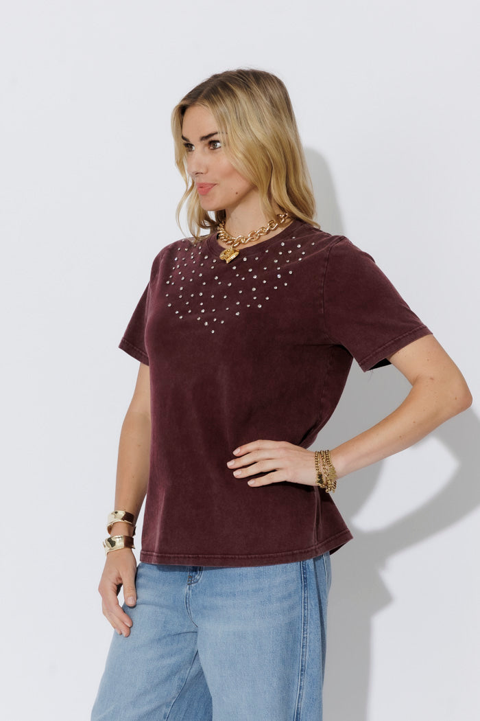 Burgundy Washed Cotton Embellished T-shirt