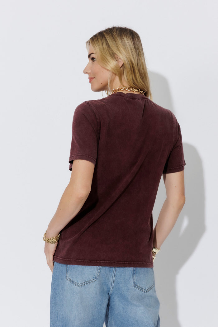 Burgundy Washed Cotton Embellished T-shirt
